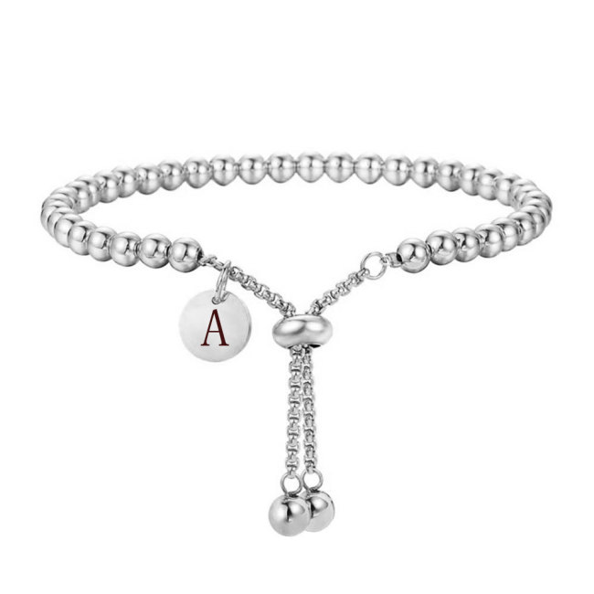 European and American INS Style Stainless Steel Simple Fashion 4MM Round Beads 26 Letters Round Smooth Pendant Adjustable Bracelet Wholesale