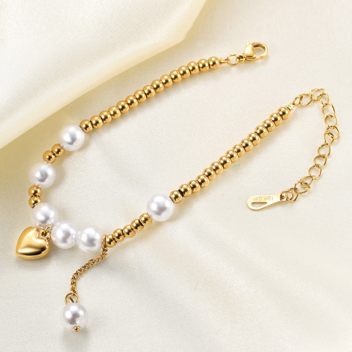 Manufacturer Wholesale European and American New Style Simple Versatile Smooth Heart Splicing Imitation Pearl Round Bead Bracelet with Laser Logo