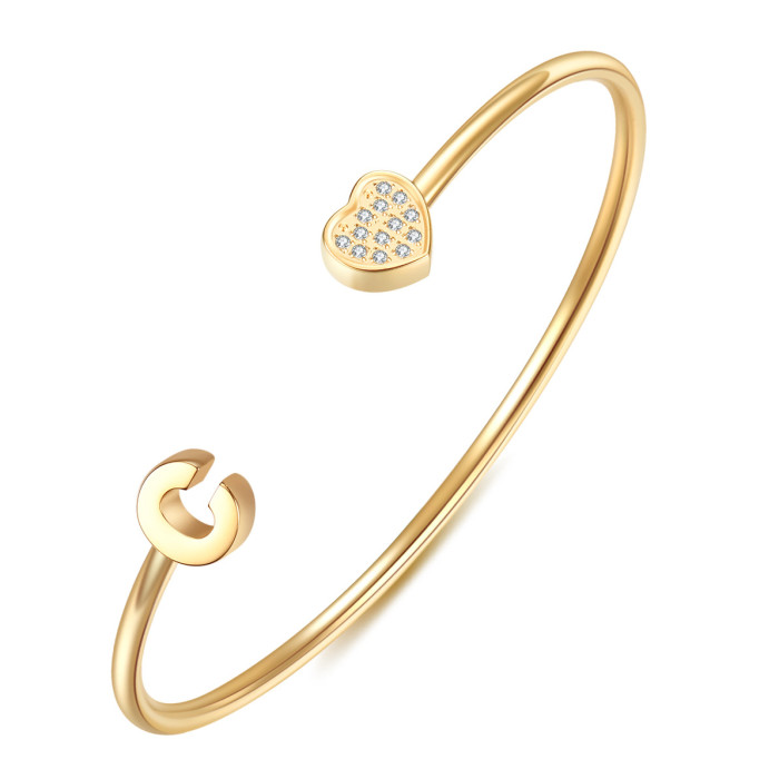 European and American Cross-Border New 26 English Letter Bracelet for Women with Zirconia Heart Open Stainless Steel Bracelet Fashionable and Simple