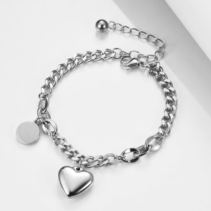 European and American Cross-Border New Fashion Retro Cuban Chain Heart Round Stainless Steel Engravable Adjustable Bracelet Wholesale for Women