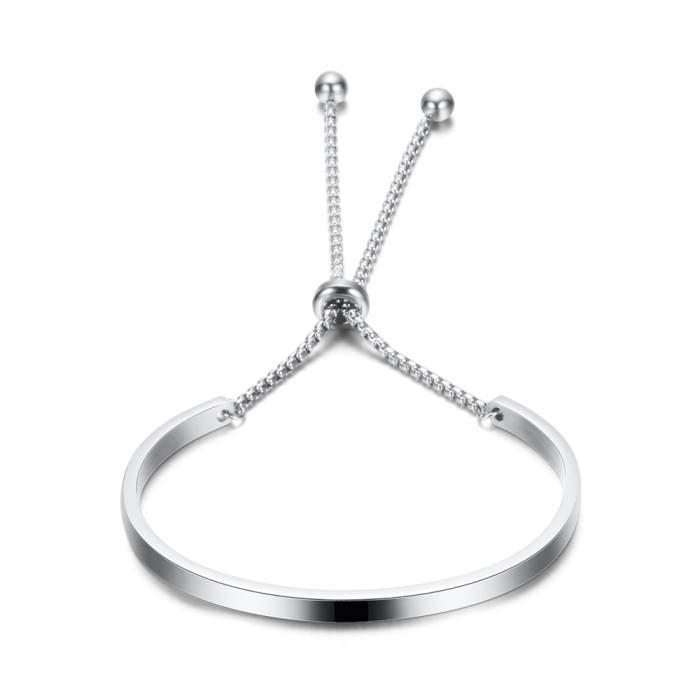 European and American Cross-Border Hot Sale 4MM Half Round Smooth Pearl Chain Stainless Steel Adjustable Bracelet Bangle Laser Logo Available