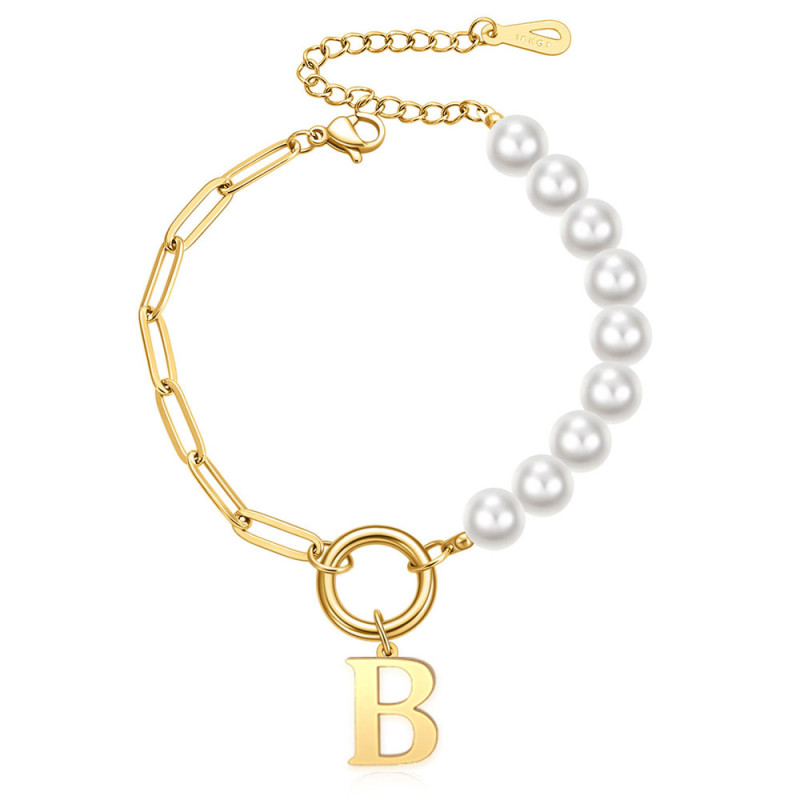 European and American Cross-Border New Imitation Pearl Pin Chain Splicing Internet Celebrity Same Style Stainless Steel 26 Letter Bracelet Wholesale for Women
