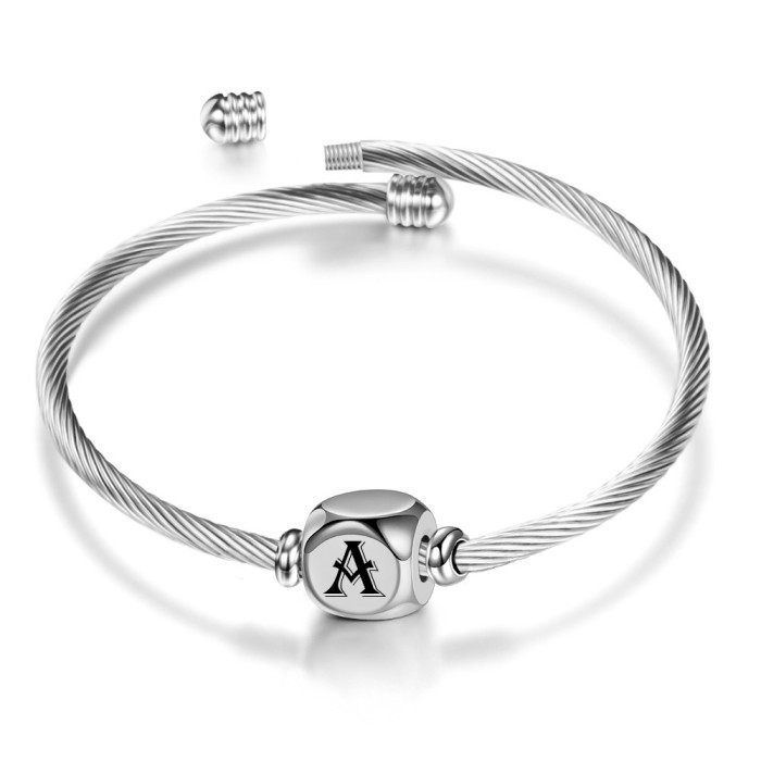European and American Simple Stainless Steel Openable Bracelet Sieve 26 Letters Versatile Hot Sale Laser Logo Bracelet for Women
