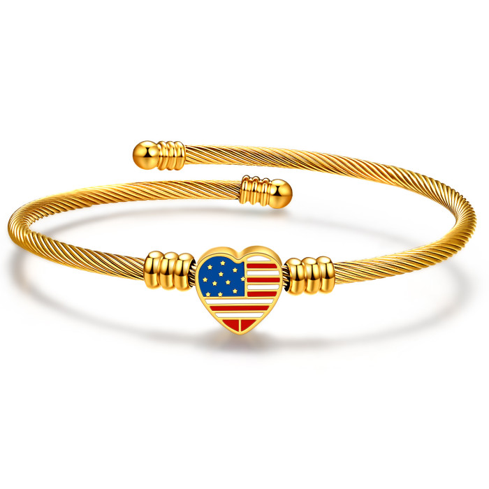 Wish AliExpress Simple Stainless Steel Braided 18K Gold Cable Titanium Steel American Flag Heart Women's Bracelet