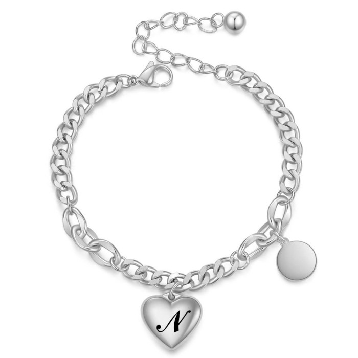 European and American Hot Sale 26 English Letters Stainless Steel Cuban Bracelet Heart Engraving Round Plate Laser Logo Bracelet