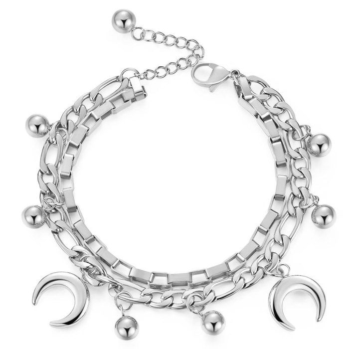 European and American Amazon Hot New Moon Round Bead Double Layer Cuban Chain Personality Ins Stainless Steel Bracelet Wholesale Hot Sale