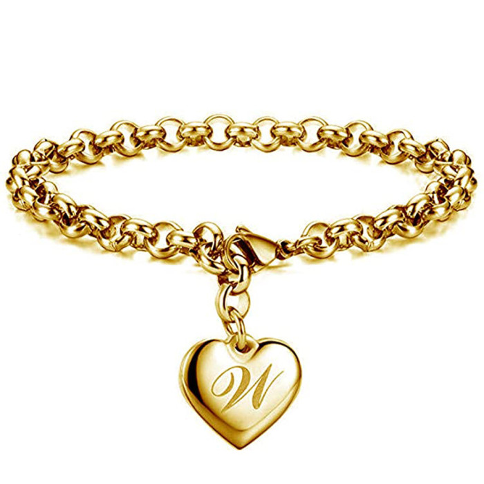 European and American New Style Simple Personality Titanium Steel Bracelet 26 Letters Fashion Stainless Steel O Chain Gold Bracelet Jewelry