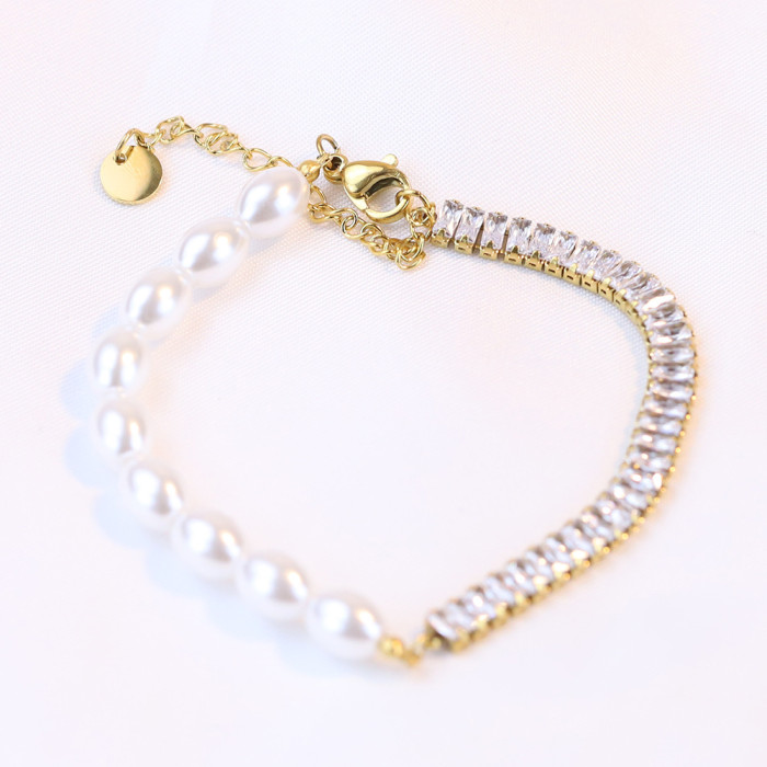 Manufacturer Wholesale European and American INS Retro Simple Elegant Imitation Pearl Zircon Inlaid Bracelet 18K Gold Stainless Steel Bracelet