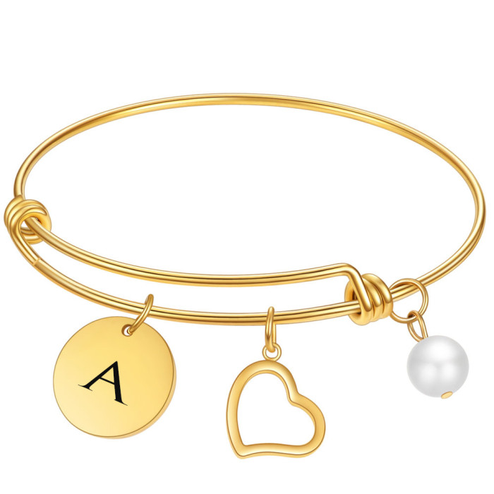 European and American Hot-Selling Fashion Titanium Steel 18K Gold Round Pendant Versatile Bracelet Heart Stainless Steel Bracelet Laser Logo