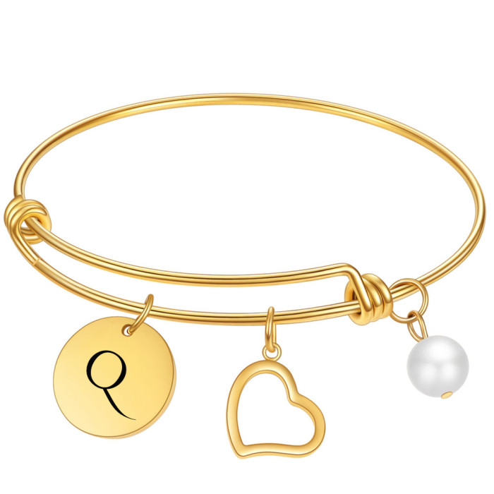 European and American Hot-Selling Fashion Titanium Steel 18K Gold Round Pendant Versatile Bracelet Heart Stainless Steel Bracelet Laser Logo