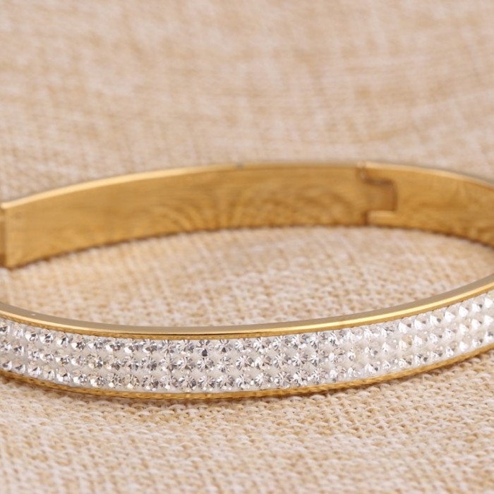 Manufacturer Wholesale 8MM Open 3 Row Ceramic Inlaid Diamond 18K Gold Stainless Steel Bracelet Simple Versatile Personality Bracelet for Women