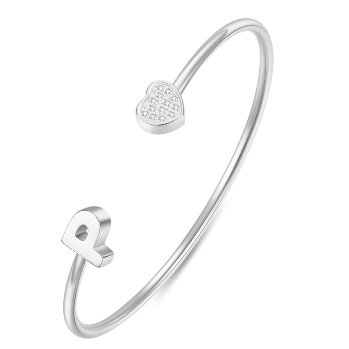 European and American Cross-Border New 26 English Letter Bracelet for Women with Zirconia Heart Open Stainless Steel Bracelet Fashionable and Simple