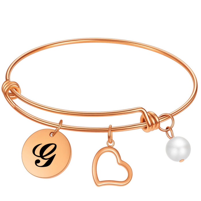 Wish Amazon New Digital Titanium Steel Bracelet Heart Pearl Stainless Steel 26 Letters Rose Gold Bracelet Wholesale