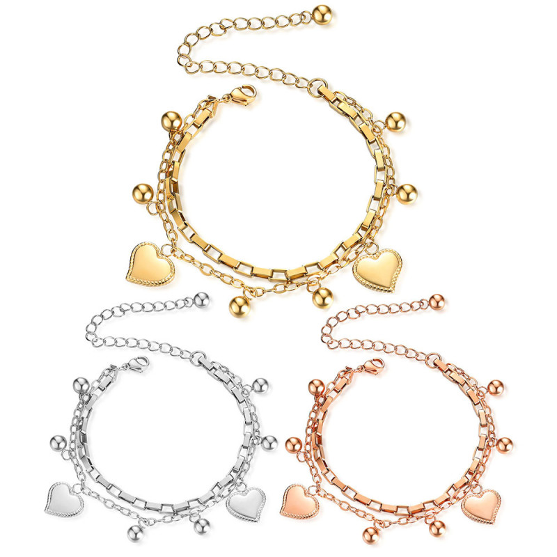 Cross-Border European and American Hot Selling Versatile Personality Multi-Layer Bracelet Heart Smooth Round Beads Stainless Steel Laser Logo Wholesale