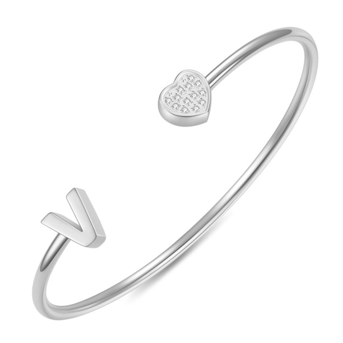 European and American Cross-Border New 26 English Letter Bracelet for Women with Zirconia Heart Open Stainless Steel Bracelet Fashionable and Simple