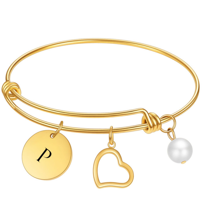 European and American Hot-Selling Fashion Titanium Steel 18K Gold Round Pendant Versatile Bracelet Heart Stainless Steel Bracelet Laser Logo