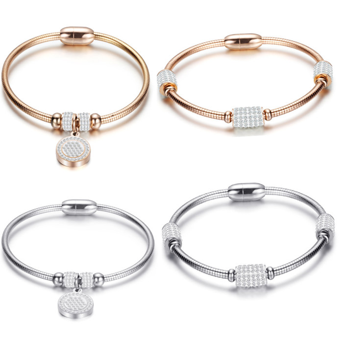 European and American Creative INS Style Diamond-Studded Round Pendant Personality Titanium Steel Bracelet Rose Gold Magnetic Clasp Women Stainless Steel Wholesale
