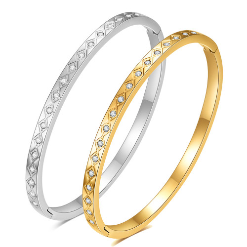 Cross-Border European and American INS New 4MM Oval Single Row Diamond-Studded 304 Stainless Steel Titanium Steel Open Bracelet Wholesale