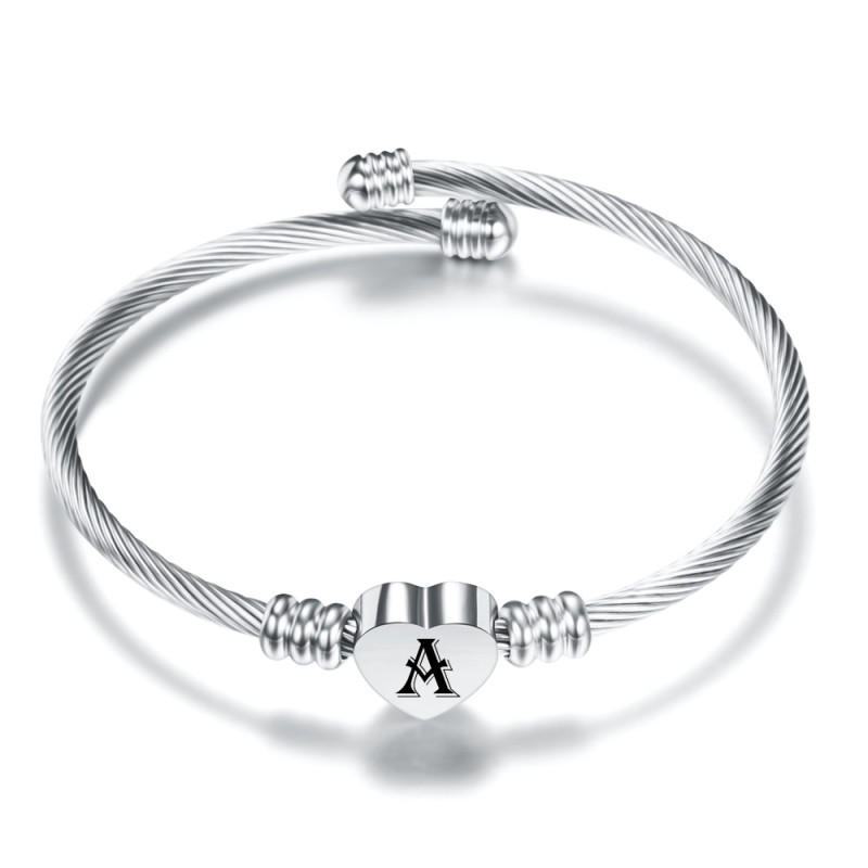 European and American Cross-Border Hot Sale Simple Personality 26 Letter Sieve Font Stainless Steel Wire Woven Heart Bracelet Wholesale
