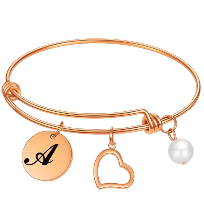 Wish Amazon New Digital Titanium Steel Bracelet Heart Pearl Stainless Steel 26 Letters Rose Gold Bracelet Wholesale