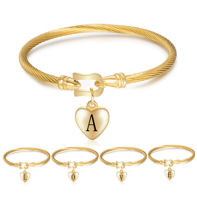 Cross-Border European and American Style Personalized 18K Gold Horseshoe Clasp 26 Letter Heart Letter Bracelet Titanium Steel Simple Gift Bracelet for Women