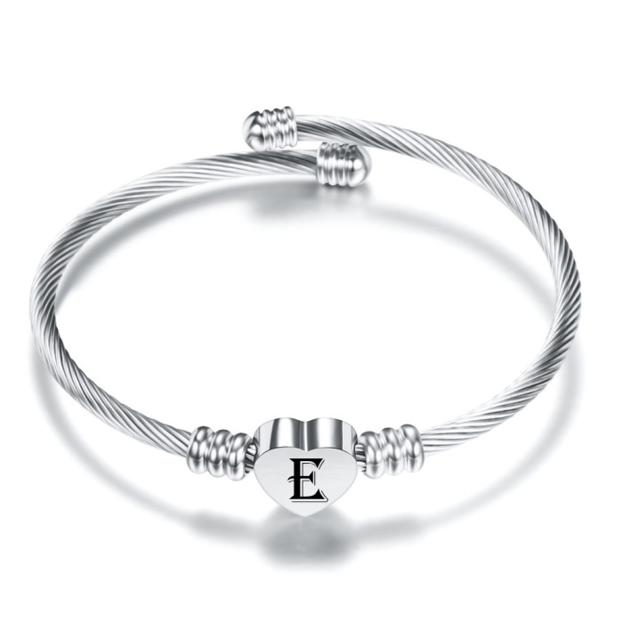 European and American Cross-Border Hot Sale Simple Personality 26 Letter Sieve Font Stainless Steel Wire Woven Heart Bracelet Wholesale