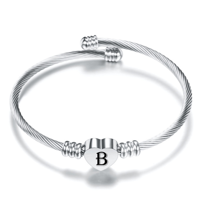 European and American Cross-Border Hot Sale Simple Personality 26 Letter Sieve Font Stainless Steel Wire Woven Heart Bracelet Wholesale