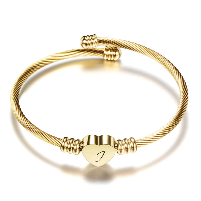 Cross-Border European and American 26 Letters Simple Stainless Steel Wire Braided Cable Line Titanium Steel Heart Fashion Women's Bracelet