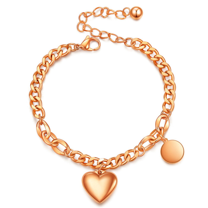 European and American Cross-Border New Fashion Retro Cuban Chain Heart Round Stainless Steel Engravable Adjustable Bracelet Wholesale for Women