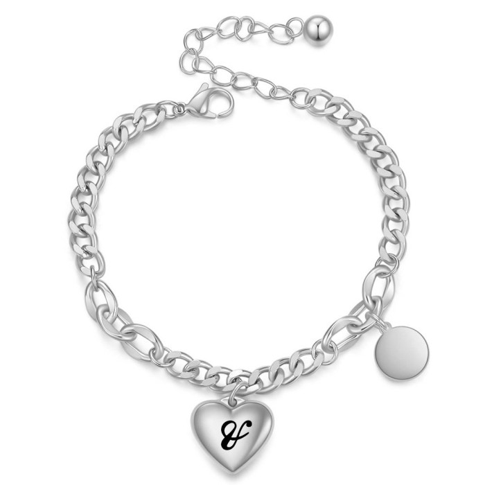 European and American Hot Sale 26 English Letters Stainless Steel Cuban Bracelet Heart Engraving Round Plate Laser Logo Bracelet