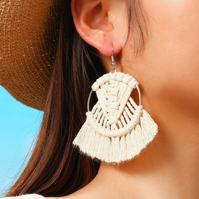 Bohemian Vacation Style Fashion Creative European and American Earrings Colorful Tassel Handmade Weaving DIY Fan-shaped Ear Accessories