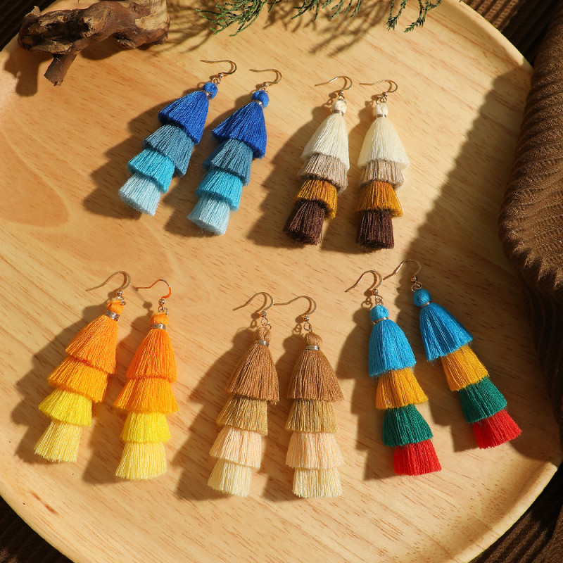 New Hot-Selling Bohemian Vacation Style Colorful Tassel Earrings Personality Color Block Exaggerated Elegant Long Drop Earrings