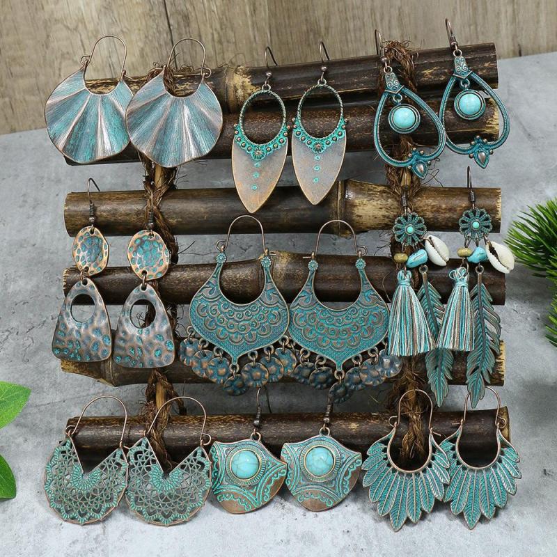 European and American Cross-Border Jewelry Simple Retro Earrings Ethnic Style Irregular Leaf Hollow Turquoise Drop Earrings Wholesale