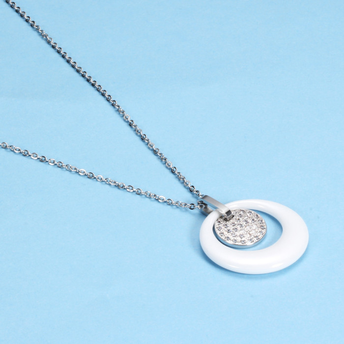 European and American Cross-Border Titanium Steel Personalized Round Ceramic Double-Layer Hollow Inlaid Diamond Fashion Couple Necklace Clavicle Chain Stainless Steel