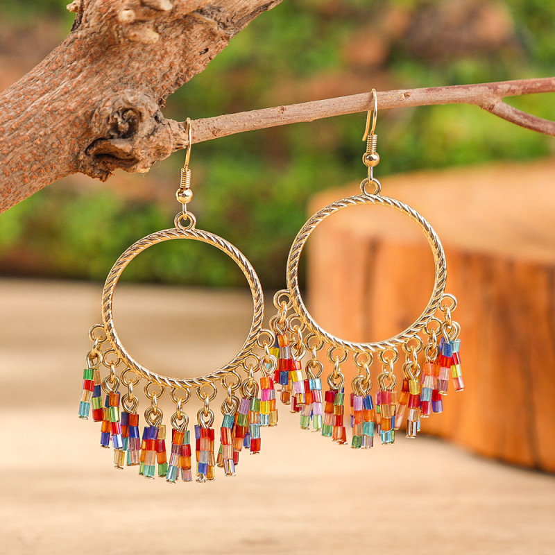 Fashion Bohemian Handmade Beaded Tassel Earrings Large Hoop Colorful Rice Beads European and American Creative Ethnic Style Jewelry