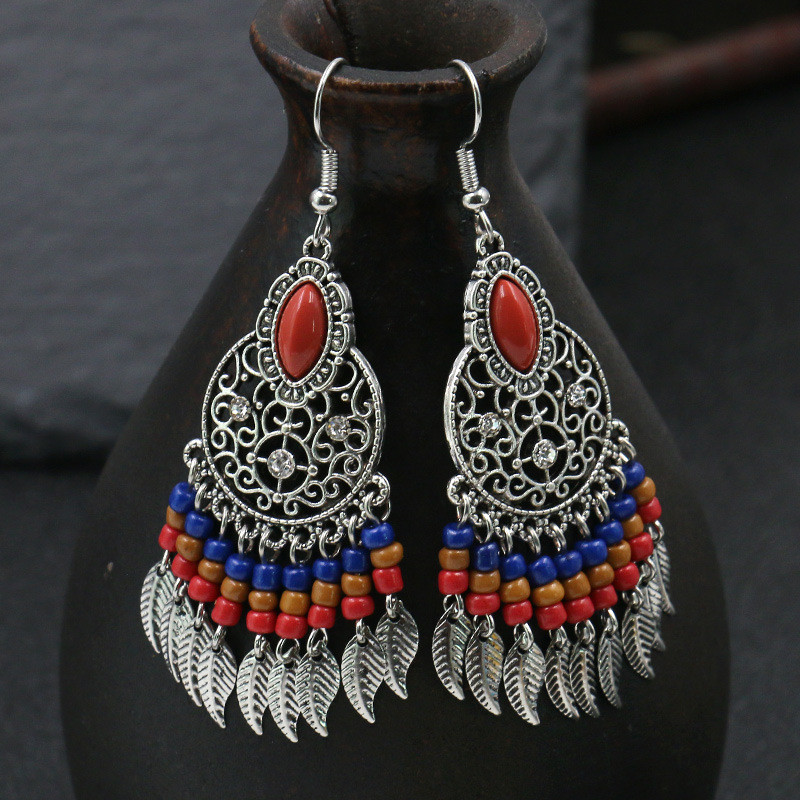 Bohemian Leaf Tassel Earrings for Women, Vintage Hollow Beaded Alloy Earrings, Palace Style Long Jewelry Wholesale