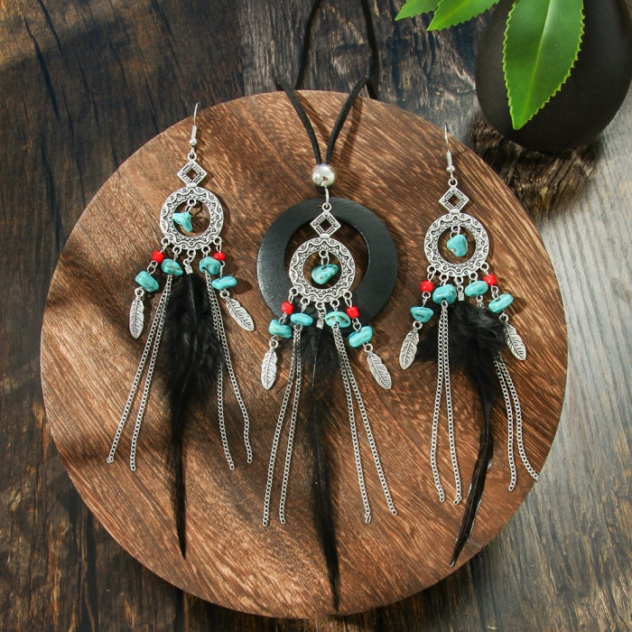 Amazon Wholesale Bohemian Style Feather Earrings Necklace Set Personality Slimming Long Earrings Sweater Chain, Jewel...