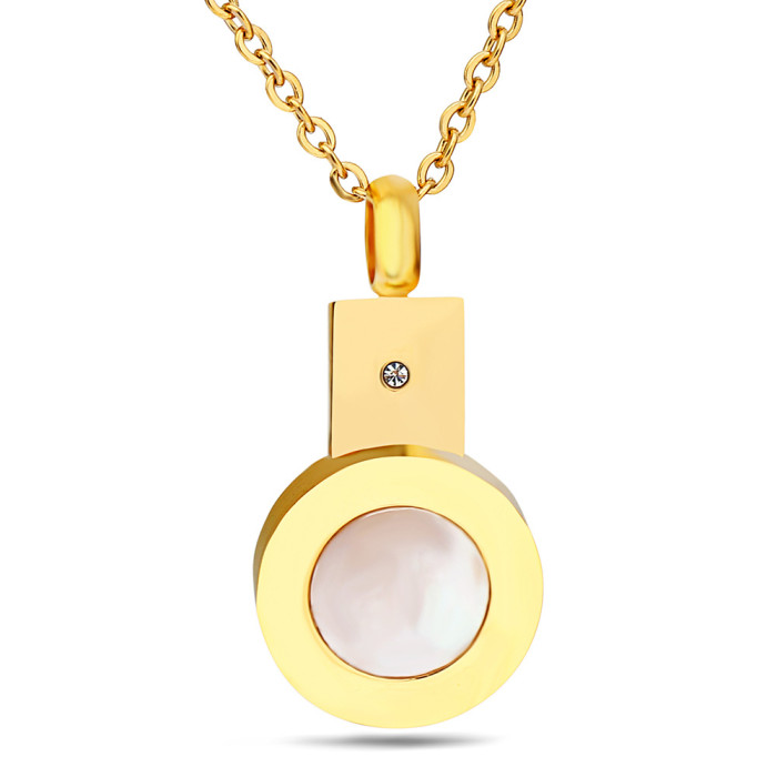 European and American Fashion Simple Trendy Stainless Steel 18K Gold Round Shell Inlaid Women's Personality Simple Titanium Steel Collarbone Necklace