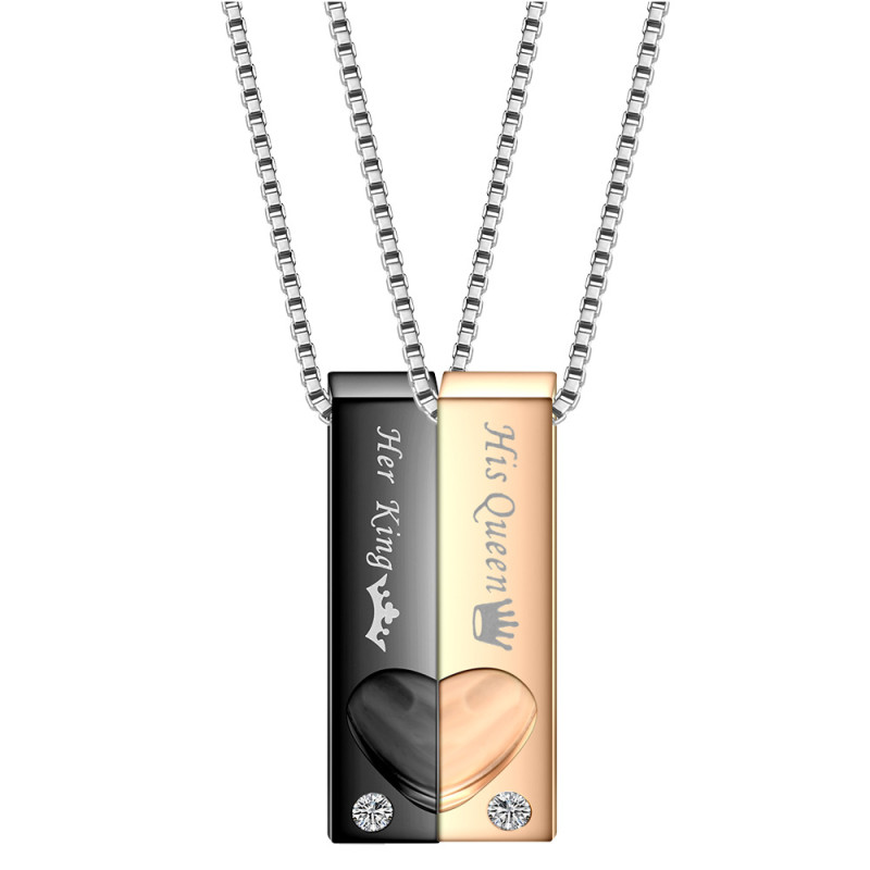 European and American Fashion Valentine's Day Gift Titanium Steel Couple Necklace Her King His Queen Heart Pendant Pair