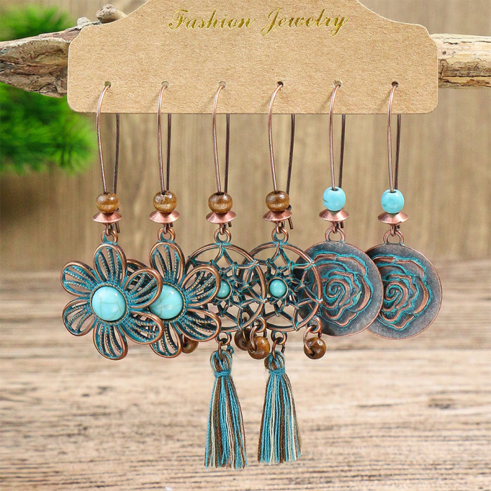 New Vintage Ethnic Style Hollow Earrings Set Mixed Batch Turquoise Flower Tassel Earrings European and American, Jewe...