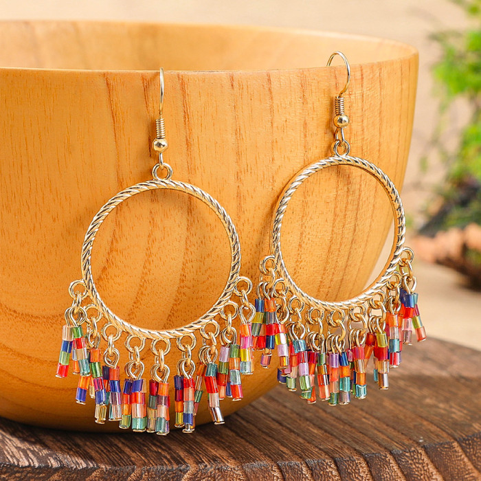 Fashion Bohemian Handmade Beaded Tassel Earrings Large Hoop Colorful Rice Beads Creative Ethnic Style Jewelry