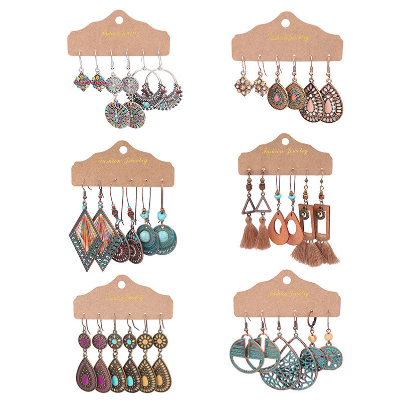 Amazon Jewelry Bohemian Ethnic Style Retro Wire Wrapped Water Drop Shaped Colorful Hollow Women's Earrings Tassel Drop Earrings