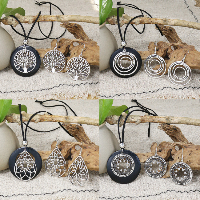 Vintage Ethnic Style Earrings Necklace Set Alloy Fashion Hollow Round Water Drop Tree of Life Jewelry Wholesale Cross-Border