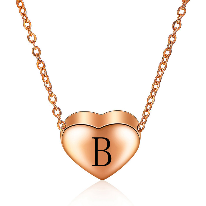 Hot Sale Simple Stainless Steel Rose Gold 12MM Heart 26 English Letters Heart-Shaped Necklace Wholesale