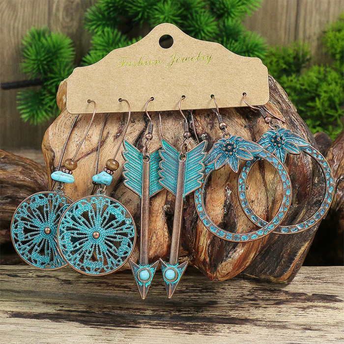 New Vintage Ethnic Style Hollow Earrings Set Mixed Batch Turquoise Flower Tassel Earrings European and American, Jewe...
