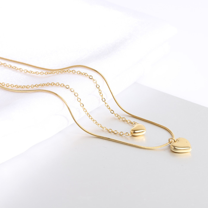 European and American Cross-Border Hot Sale New Fashion Double Layer Stacked Smooth Heart Versatile Collarbone Chain Necklace with Laser Logo