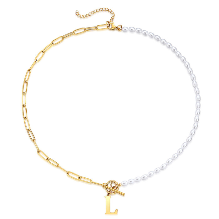 Amazon 26 Letter Pearl Necklace Simple Fashion Paperclip OT Buckle Style Pearl Titanium Steel Necklace