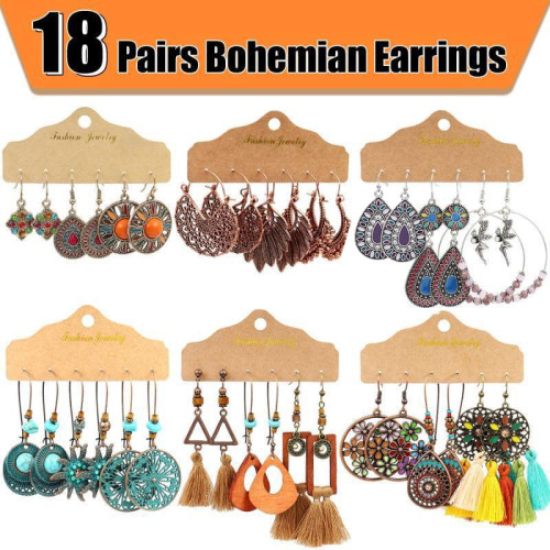 18 Pairs Bohemian Style Earrings Cross-Border Amazon Hot-Selling Earring Set Round Oil Drop Colorful Tassel Earrings for Women