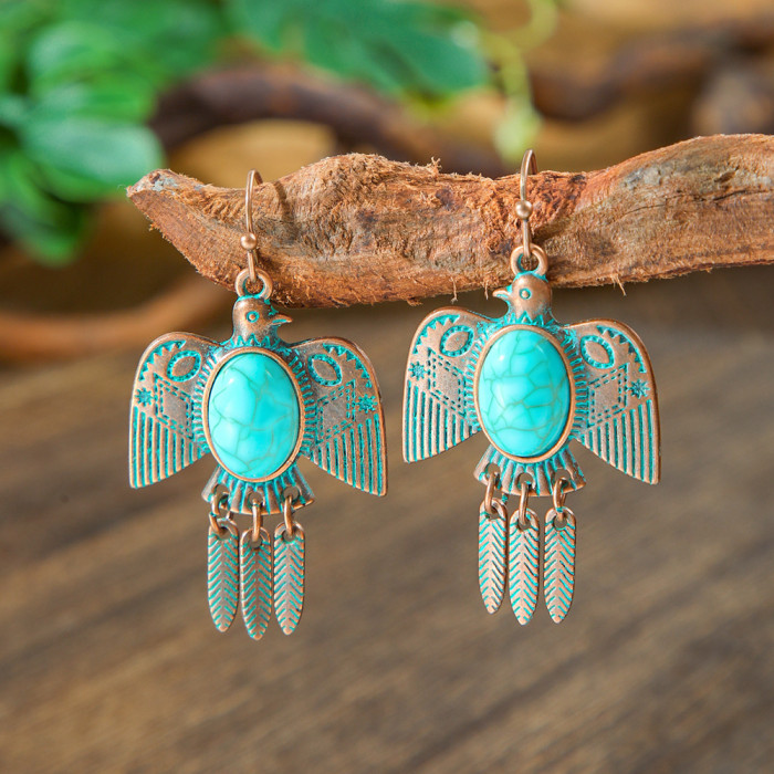 Cross-Border New Holiday Style Retro Turquoise Long Earrings Personality Exaggerated Geometric Drop Earrings Manufacturer Ear Jewelry Wholesale