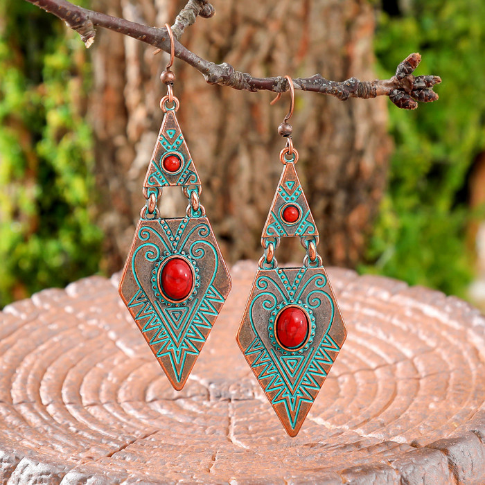 Cross-Border Hot-Selling Retro Bohemian Turquoise Earrings Simple Versatile Geometric Rhombus Metal Texture Ear Jewelry Wholesale
